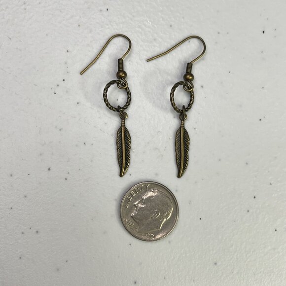 Bronze Feather Drop Earrings With Twisted Ring Design - Picture 8 of 8